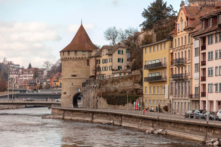 Switzerland, Lucerne. Historical and modern architecture along the Reuss River. Old town Altstadtの写真素材