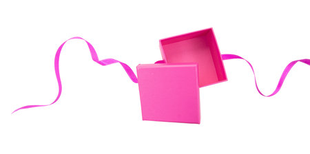 Gift box isolated on white, Pink color open box view from above. Mother day gift. Holiday, women day...