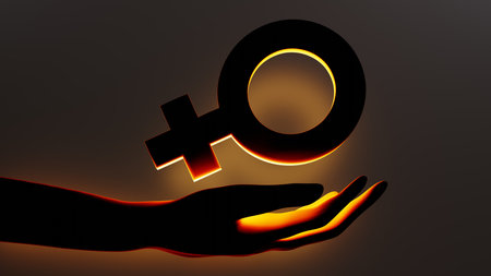 Female gender symbol floating over an open hand, dark background, 3d renderの写真素材