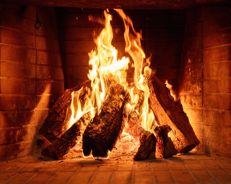 Fire burning in a fireplace, wood logs and flames. Warm home, heat. Christmas holidayの写真素材