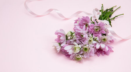 Dahlia flower bouquet on pink, Fresh blossoms bunch closeup. Women, mothers day giftの写真素材