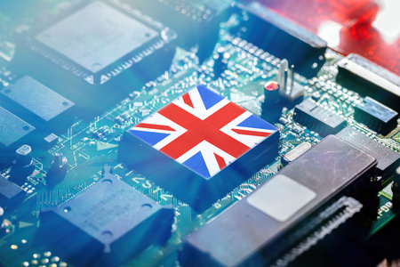 UK flag on a CPU processor. United Kingdom chip manufacturer concept, GPU microchip on a...