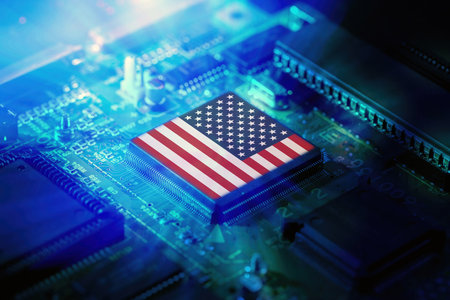 USA flag on a CPU processor. American chip manufacturer, GPU microchip on a motherboard.の写真素材