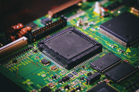Computer circuit board closeup. CPU, central processing unit, electronic components and wiring