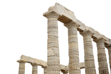 Cape Sounio, Poseidon temple column remains isolated on white sky. Attica, Greece.の写真素材
