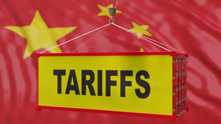 Tariffs text on a cargo conatiner, China flag background, Tariff increase, Trade war concept. 3d...