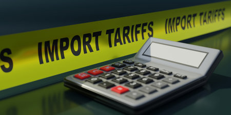 Import Tariffs text yellow tape.Tariff increase, Trade war concept. 3d renderの写真素材