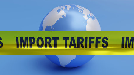 Import Tariffs text yellow tape and earth globe.Tariff increase, Trade war concept. 3d renderの写真素材