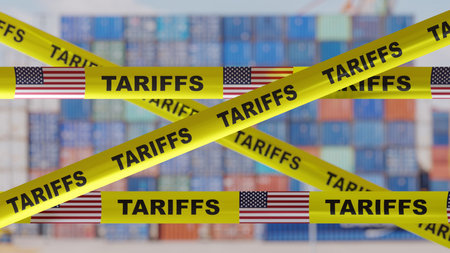 Tariffs text and US flag on yellow tape. Import tariff increase, Trade war concept. 3d renderの写真素材