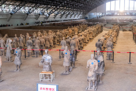 Terracotta Army Warriors archaeological site in Xian, China. Restoration area sign, text in Chineseの写真素材