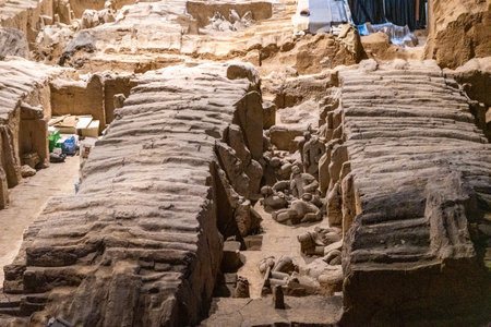 Terracotta Army Warriors archaeological site. Xian, China. Deep trench filled with broken statues and scattered fragmentsの写真素材