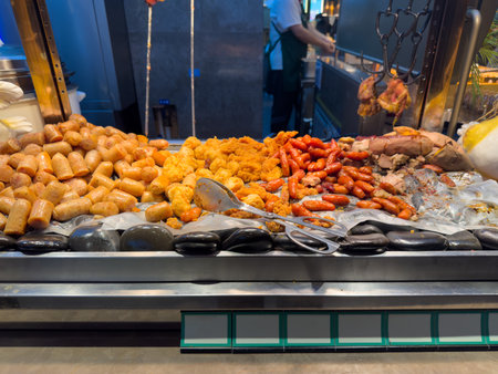 Street food stall in China. Cooked meats variety on a market display. Sausages, chicken nuggets, meat skewersの写真素材