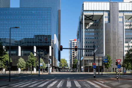 City street scene. Red traffic lights, pedestrian crossing, and modern architecture buildings, Rotterdam Netherlandsの写真素材