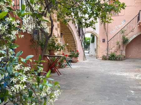 Chania old town architecture. Crete island, Greece.  Cobblestone countryard, traditional buildings...