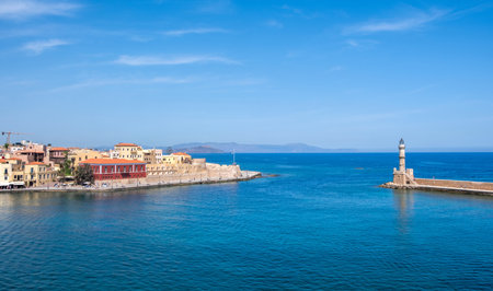 Crete, Chania old harbour. Lighthouse and Firkas Fortress, blue sky and calm seaの写真素材