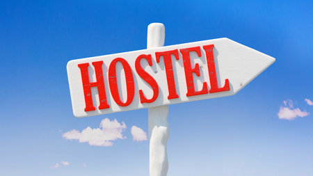 HOSTEL sign arrow direction isolated on blue sky. 3d renderの写真素材