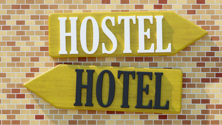 HOSTEL and HOTEL signs arrow direction on brickwall, 3d renderの写真素材