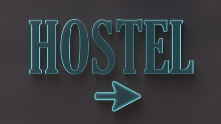HOSTEL sign, neon light text and direction arrow isolated on black background, 3d renderの写真素材