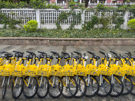 Bike sharing, China. Yellow bicycles parked in a city center for rent.の写真素材