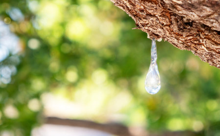 Mastic gum tear on the mastic tree branch closeup. Chios lentiscus cultivation and mastiha resin drop harvestの写真素材