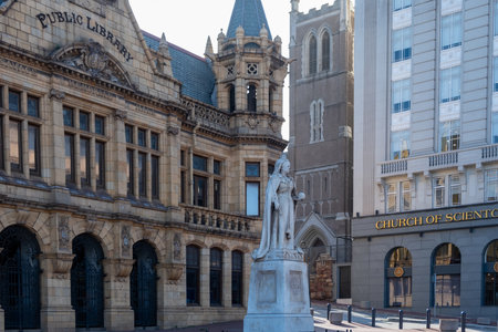 Port Elizabeth, South Africa. Queen Victoria statue, Public Library and Church of Scientology building in Market Square Gqeberha,の写真素材
