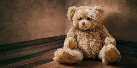 Teddy bear with white bandage on head sitting alone on wooden parquet floor. Kids injury and accident conceptの写真素材
