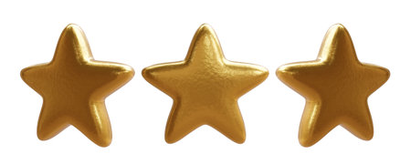 Three golden stars isolated on white. Rating and ranking sign symbol, 3d render