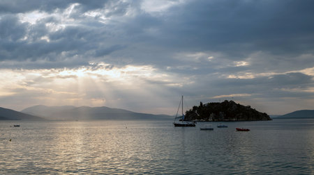 Serene sunset over Daskaleio rocky island in Tolo bay Greece. Boats moored on calm sea water under...