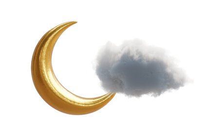 Golden crescent moon and cloud isolated on white, 3d illustrationの写真素材