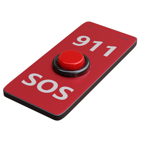 911 SOS red button on a mobile phone isolated on white. Emergency call hotline. 3d illustrationの写真素材
