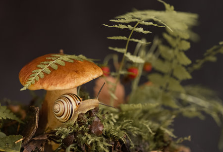 Cute snail with striped shell crawls around big boletus mushroom growing through moss and fallen leaves in the forestの写真素材