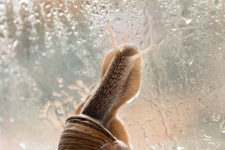 Garden snail crawling slowly on rain drop wet window glassの写真素材