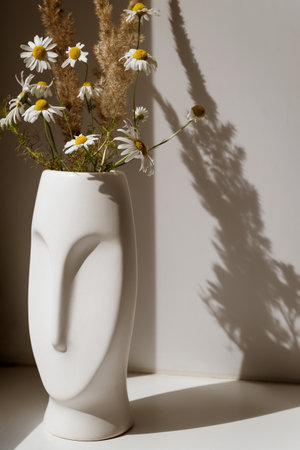 bunch of summer camomile wildflowers in elegant vase casting dark shadow on white wallの写真素材