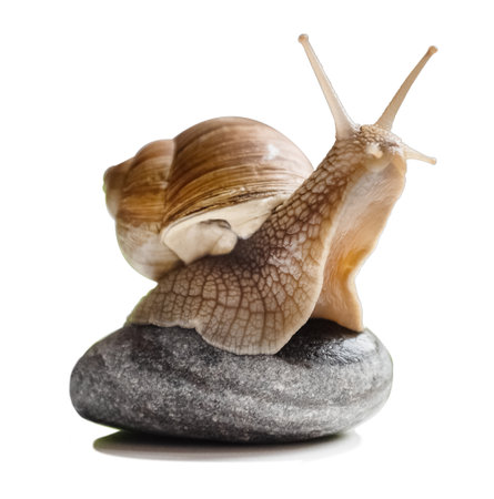 garden snail with cute horns on head sits on round pebble isolated on white backgroundの写真素材