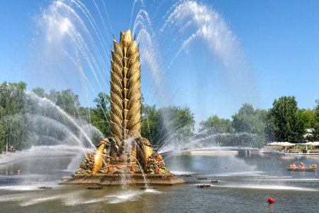 June 2022, Moscow, Russia - Fountain "Golden Ear" at VDNKH exhibition in summerのeditorial素材