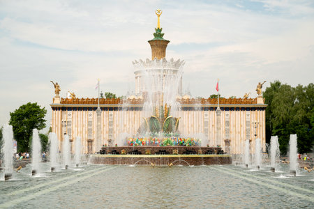 July 2022, Moscow Russia - panoramic view of group of fountains, including the Stone Flower fountain at the Exhibition of Achievements of the National Economy (VDNH)のeditorial素材
