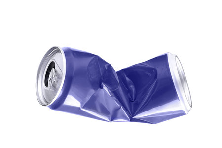 Crumpled aluminum soda can very peri colored, isolated on white backgroundの写真素材