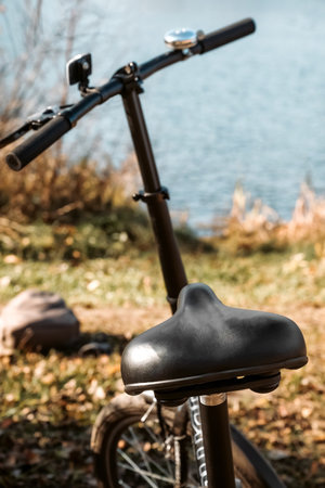 Bike saddle and wheel close up,  summer activities on natureの写真素材