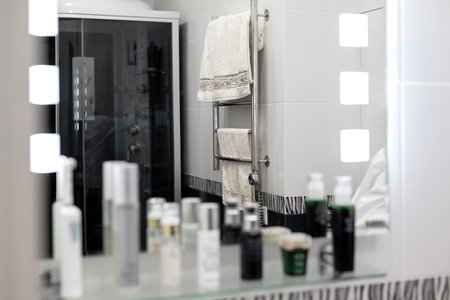 Mirror reflection of modern bathroom interior.  Different defocused cosmetic jars stands on the shelf in front of the mirror in the foregroundの写真素材