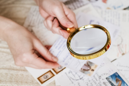 Person looking through postage stamps printed on reseived old postcards using magnifierの写真素材