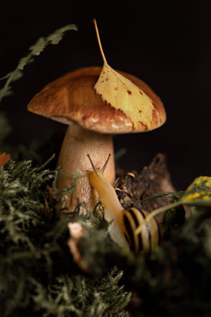 Edible boletus mushroom with yellow leaf on the cap and cute snail with horns among the grass in the autumn forestの写真素材