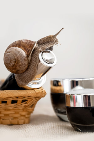 Snail sits on jar of face serum with snail mucinの写真素材