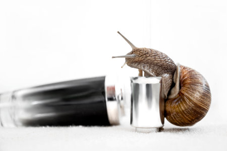 Snail sitting on cosmetic bottle, snail mucin moisturizing cream and serumの写真素材