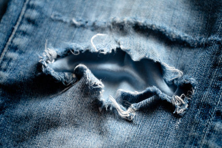 old blue jeans torn at the knee close upの写真素材
