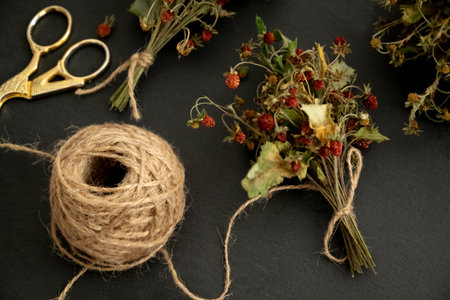 Bunch of dried wild strawberry twigs with berries tied with twine on dark table surface. Herbal medicine remedyの写真素材