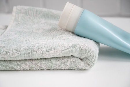 Cosmetic tube lays on fresh towel on bathroom toptableの写真素材