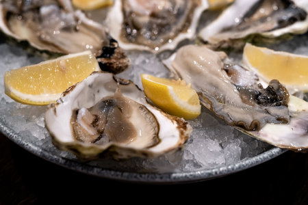 Fresh oysters in shells in plate with crushed ice and lemon slicesの写真素材