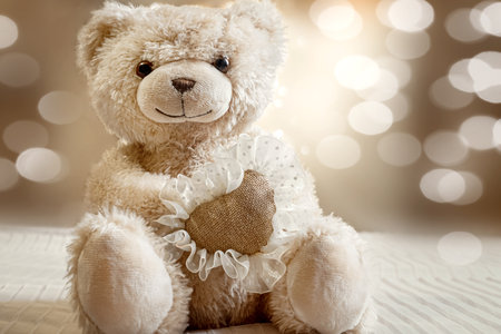 Cute teddy bear with heart in paws. Valentine's day greeting cardの写真素材