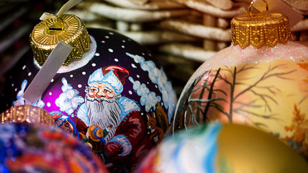 Christmas balls set in wicker basketの写真素材