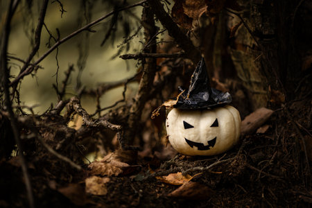 Halloween Pumpkin With Ugly Smile Wearing Black Witch Hat In  Spooky Forestの写真素材